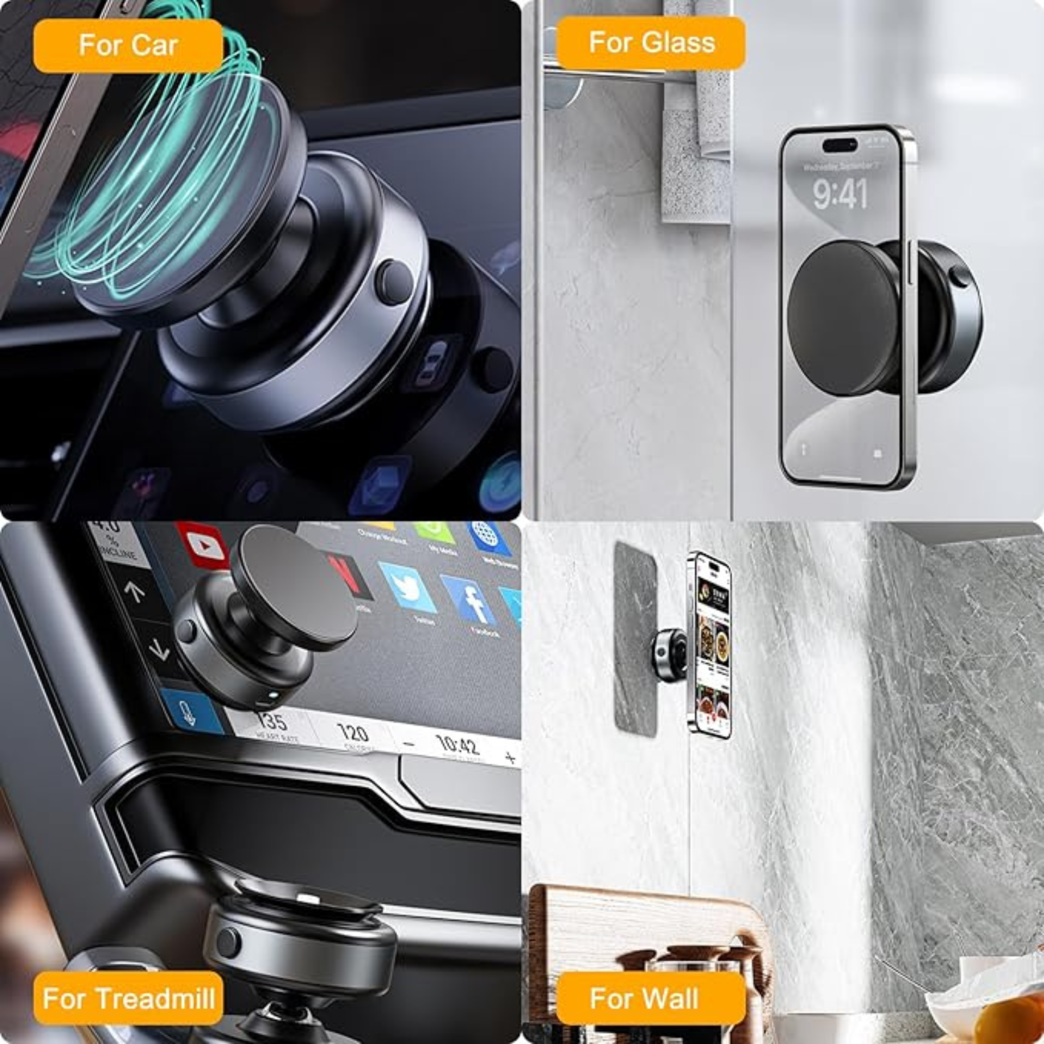 360° Magnetic Phone Mount, Hands-Free Holder for Car, Gym, MagSafe iPhones, Silver.