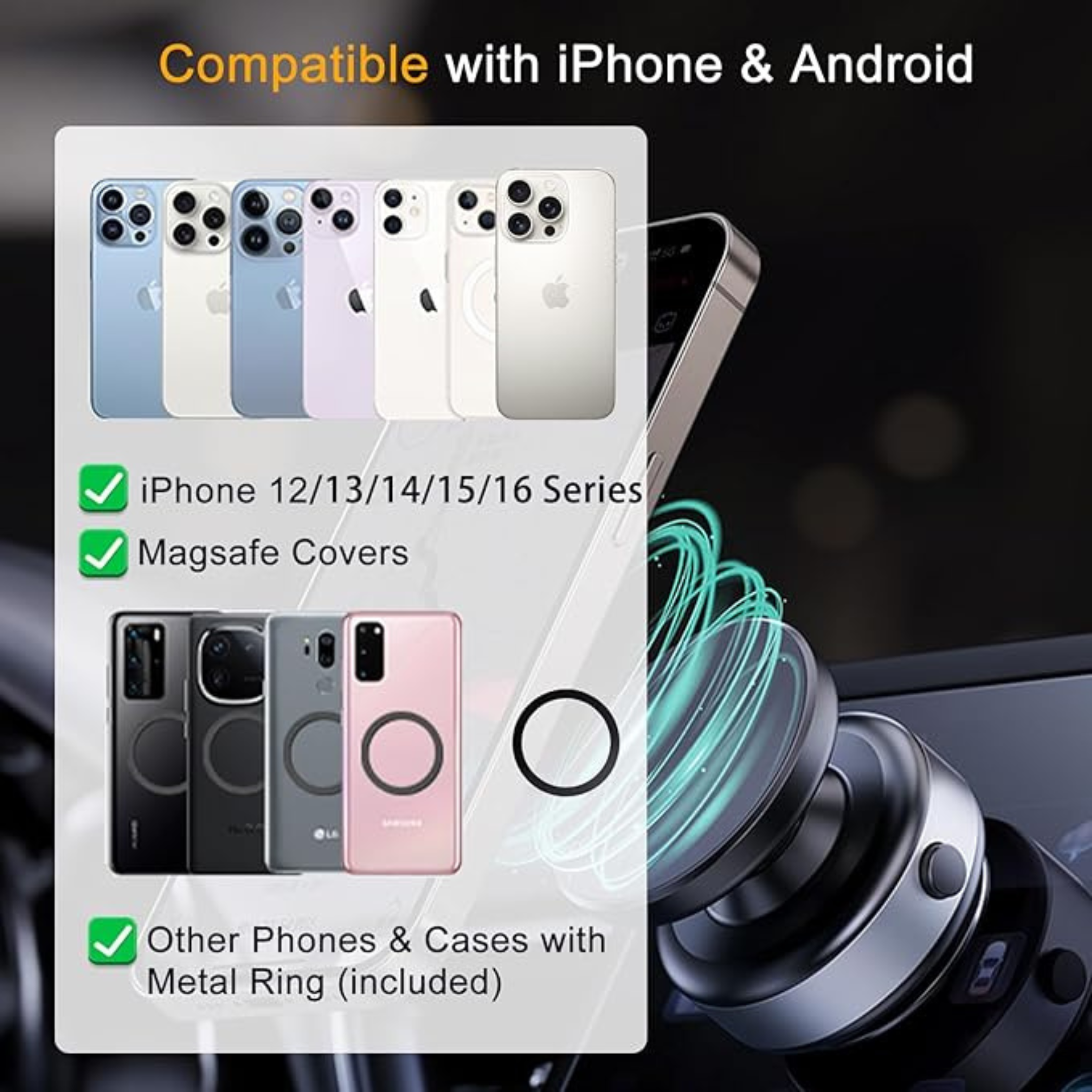 360° Magnetic Phone Mount, Hands-Free Holder for Car, Gym, MagSafe iPhones, Silver.